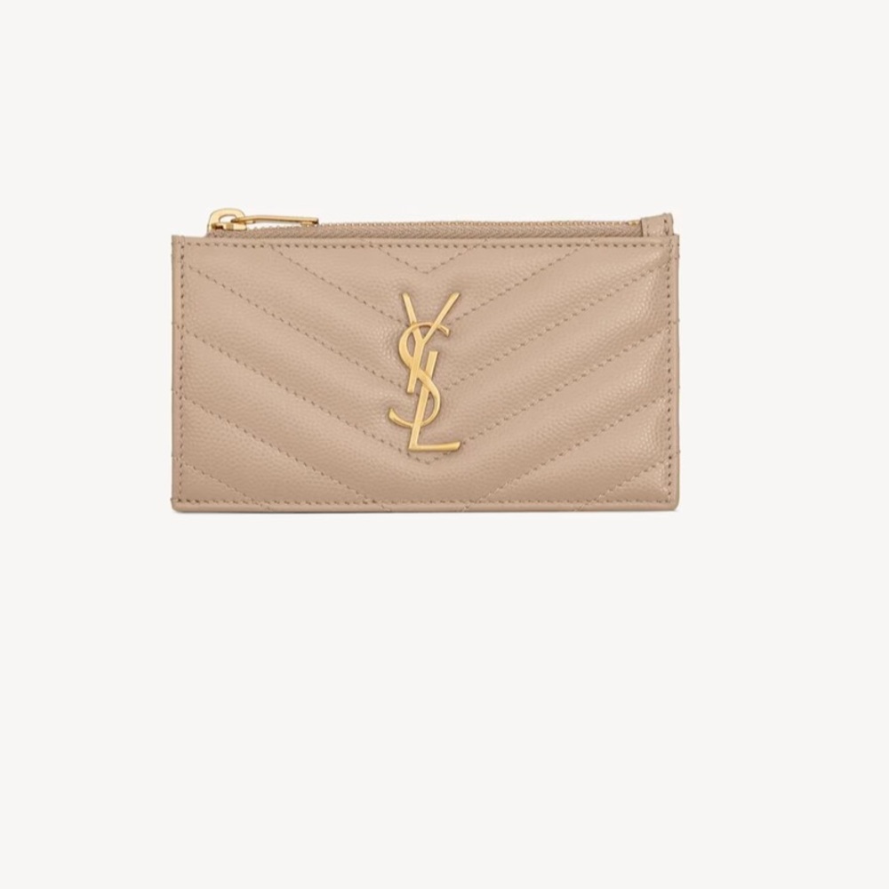 Yves Saint Laurent Cassandre Leather Card Case in Dark Beige - Authentic